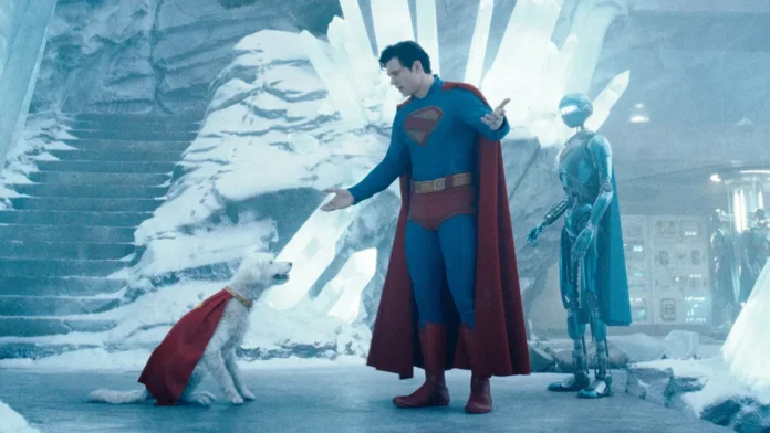 David Corenswet with Kryptodog in director James Gunn's 'Superman.'