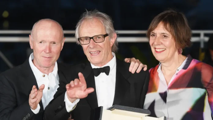 Paul Laverty, Ken Loach and Rebecca O'Brien at the 2016 Cannes Film Festival.