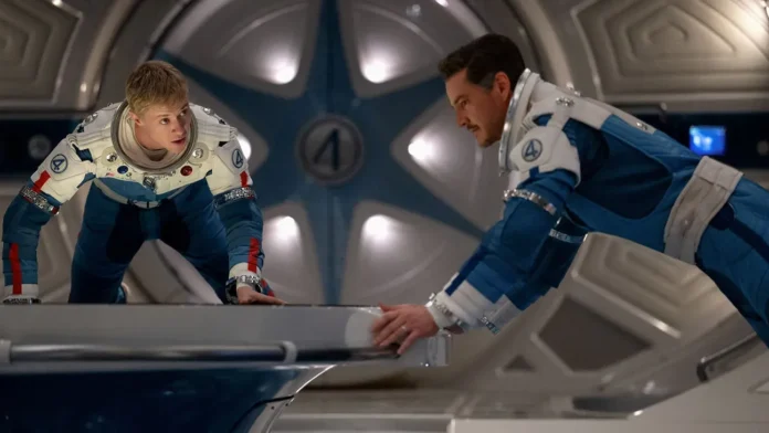 Joseph Quinn as Johnny Storm/Human Torch and Pedro Pascal as Reed Richards/Mister Fantastic in 'The Fantastic Four: First Steps.'