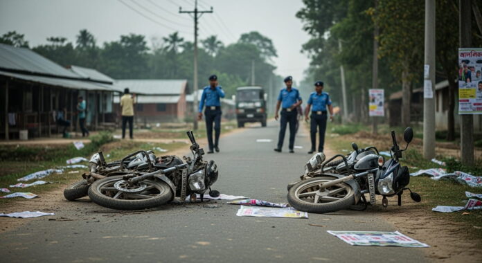 চুয়াডাঙ্গার আলমডাঙ্গায় রাজনৈতিক সংঘর্ষের পর ঘটনাস্থলে পুলিশের উপস্থিতি (প্রতীকী চিত্র)।