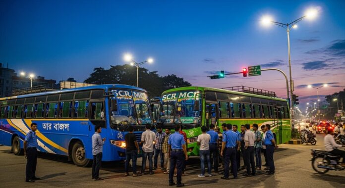 রাজধানীর বাড্ডায় সড়ক দুর্ঘটনার পর ঘাতক বাস ও উৎসুক জনতা - প্রতীকী চিত্র