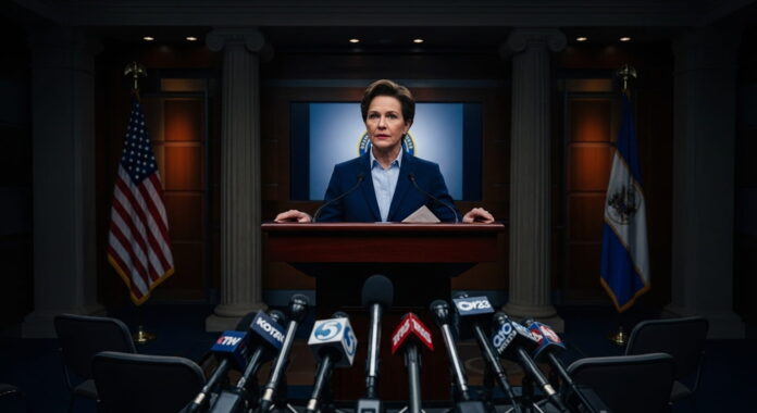 একটি আনুষ্ঠানিক প্রেস ব্রিফিং কক্ষের প্রতীকী চিত্র।