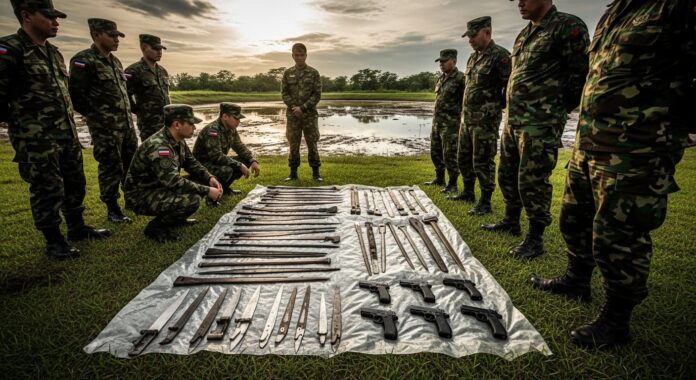 ফরিদপুরে পুকুর থেকে উদ্ধার হওয়া অস্ত্রের প্রদর্শনী - প্রতীকী চিত্র।