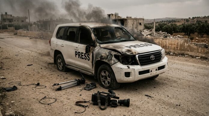 লেবাননে ইসরায়েলি হামলায় ধ্বংসপ্রাপ্ত একটি প্রেস গাড়ির প্রতীকী চিত্র