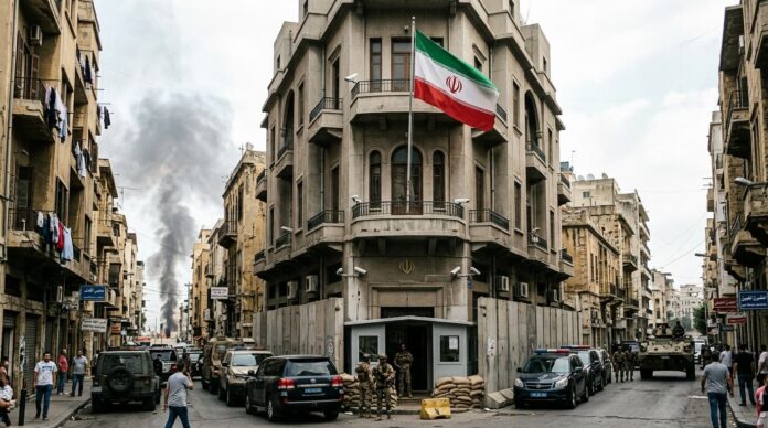 বৈরুতে ইরানি দূতাবাসের সামনে কূটনৈতিক উত্তেজনার একটি প্রতীকী চিত্র।