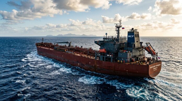 সাগরে ভাসমান একটি বিশাল রুশ তেলবাহী ট্যাঙ্কারের প্রতীকী চিত্র।