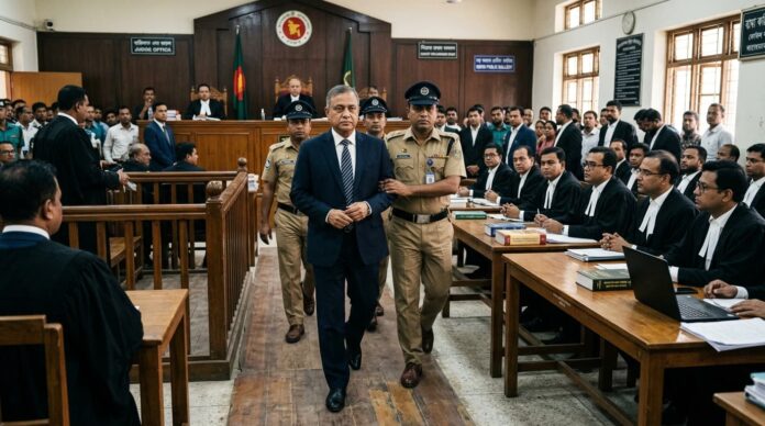 আদালতে রিমান্ড শুনানির জন্য নিয়ে আসা হচ্ছে বরখাস্তকৃত লে. কর্নেল আফজাল নাসেরকে।