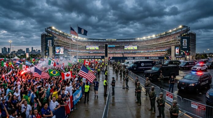 ২০২৬ বিশ্বকাপে মানবাধিকার ঝুঁকি এবং কঠোর নিরাপত্তা ব্যবস্থার একটি প্রতীকী চিত্র।