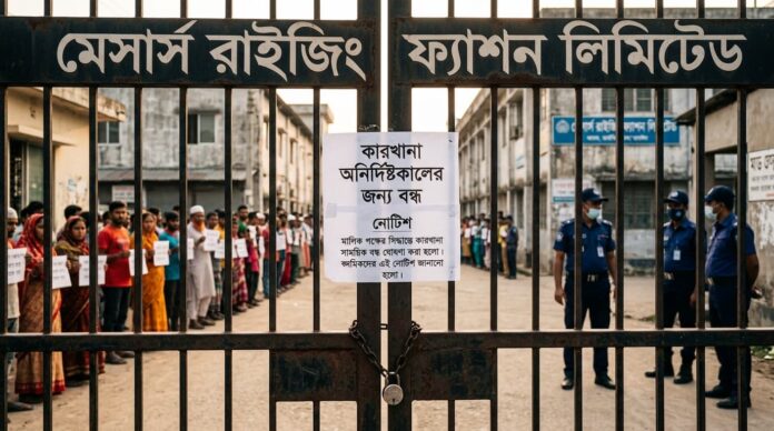 আশুলিয়ায় বন্ধ কারখানার ফটকের সামনে শ্রমিকদের অবস্থানের একটি প্রতীকী চিত্র।