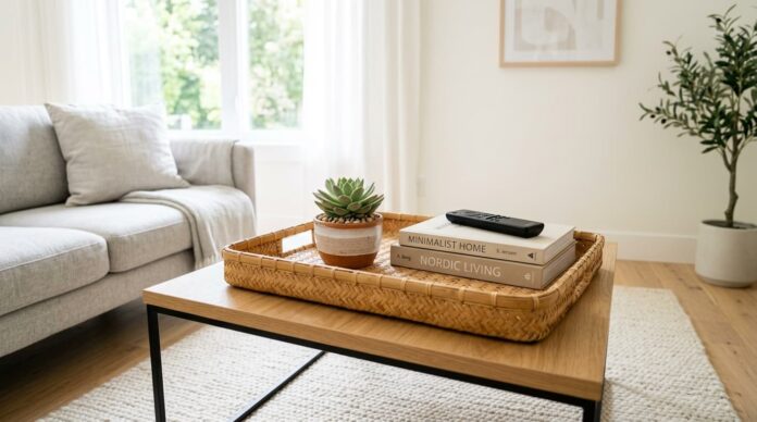 লিভিং রুমে কফি টেবিলের ওপর সাজানো একটি আধুনিক বাঁশের ট্রে।