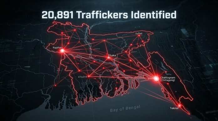 বাংলাদেশে মাদক পাচারকারীদের তিন স্তরের নেটওয়ার্ক ও হটস্পট নির্দেশক চিত্র।