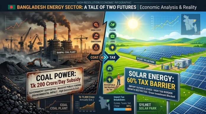 বাংলাদেশে জীবাশ্ম জ্বালানি ভর্তুকি এবং সৌরবিদ্যুৎ শুল্কের বৈষম্যমূলক চিত্র।