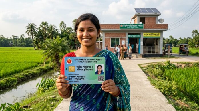 সরকারি ফ্যামিলি কার্ড হাতে একজন বাংলাদেশি নারী।