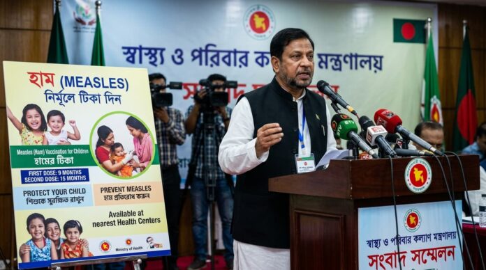 হামের টিকাদান কর্মসূচি নিয়ে বক্তব্য রাখছেন স্বাস্থ্য সচিব এম কামরুজ্জামান চৌধুরী।