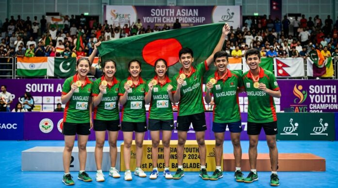 দক্ষিণ এশিয়ান ইয়ুথ টেবিল টেনিস চ্যাম্পিয়নশিপে পদক হাতে বাংলাদেশের বিজয়ীরা।