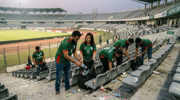 সিঙ্গাপুরে ম্যাচ শেষে গ্যালারি পরিষ্কার করছেন বাংলাদেশি ফুটবল সমর্থকরা।