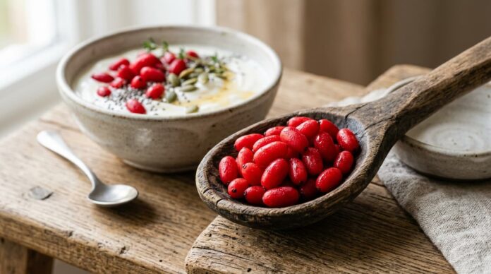 সতেজ লাল বারবেরি ফল এবং এর পুষ্টিগুণের প্রতীকী চিত্র।