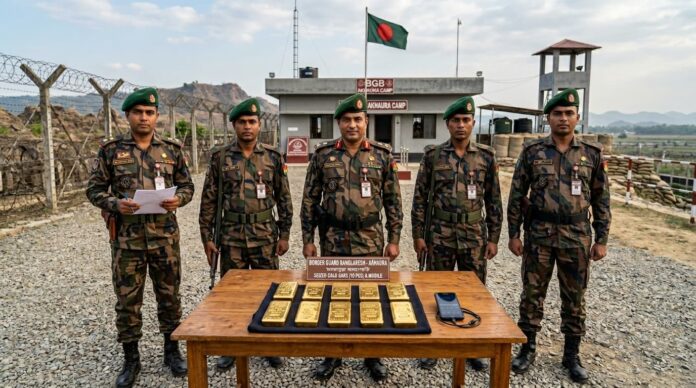 দর্শনা সীমান্তে বিজিবির হাতে আটক স্বর্ণের বার ও পাচারকারী।