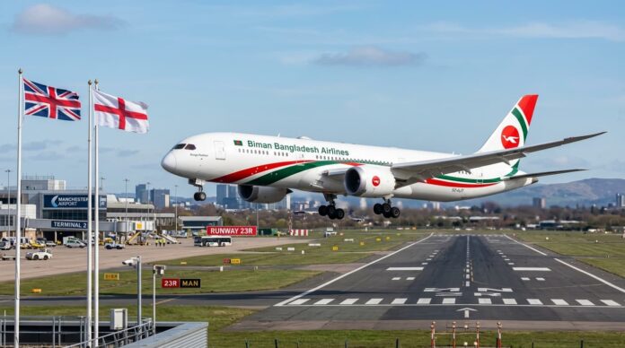 ম্যানচেস্টার বিমানবন্দরে অবতরণরত বিমান বাংলাদেশ এয়ারলাইন্সের ড্রিমলাইনার।
