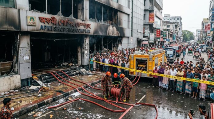 চট্টগ্রাম শপিং কমপ্লেক্সে আগুন নিয়ন্ত্রণের পর ফায়ার সার্ভিস কর্মীদের তৎপরতা।