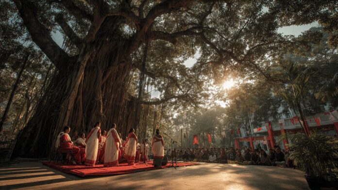 রমনার বটমূলে ছায়ানটের শিল্পীদের বর্ষবরণ সংগীত পরিবেশনা।