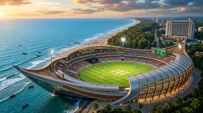 কক্সবাজারে প্রস্তাবিত সাম্পান আকৃতির মেগা স্পোর্টস কমপ্লেক্সের নকশা।