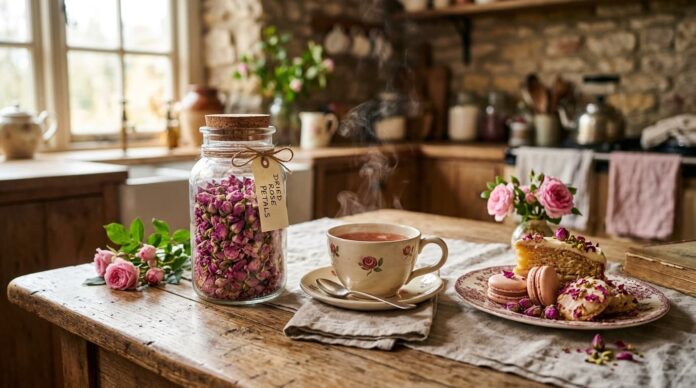 রান্নায় ব্যবহারের জন্য রাখা শুকনা গোলাপের পাপড়ি এবং গোলাপ চা।