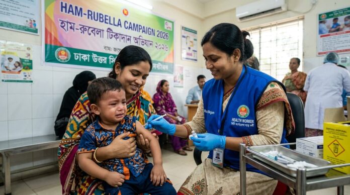 ঢাকা সিটি কর্পোরেশনে শিশুদের বিশেষ হাম-রুবেলা টিকা দেওয়ার দৃশ্য।