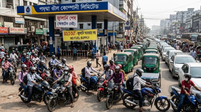 জ্বালানি সংকটের আশঙ্কায় ঢাকার ফিলিং স্টেশনে যানবাহনের দীর্ঘ সারি।