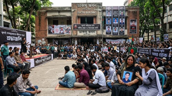 ডাকসু প্রাঙ্গণে জুলাই সনদ ও সংস্কার নিয়ে আলোচনায় বক্তব্য রাখছেন ভিপি শাদিক কায়েম।