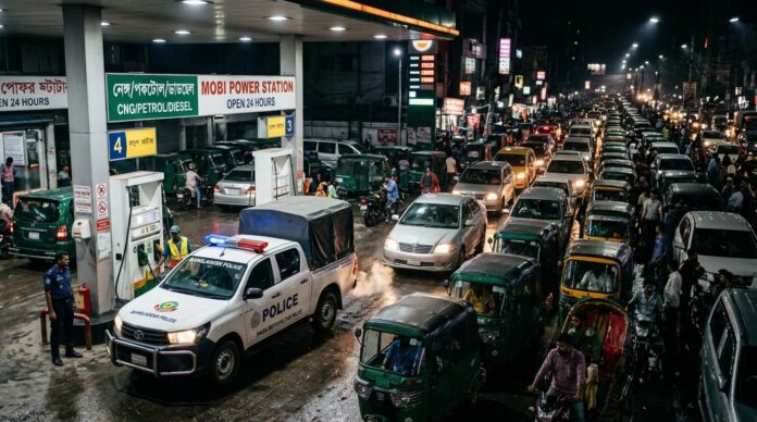 ফিলিং স্টেশনে অগ্রাধিকার ভিত্তিতে জ্বালানি নিচ্ছে আইন-শৃঙ্খলা রক্ষাকারী বাহিনীর গাড়ি।