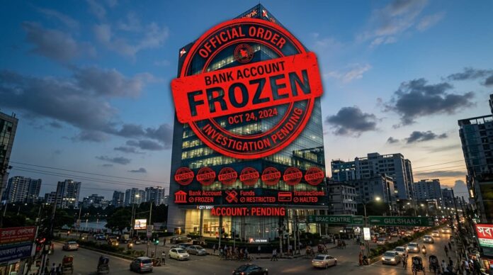 জেমকন গ্রুপের লোগো এবং ব্যাংক অ্যাকাউন্ট ফ্রিজ করার প্রতীকী চিত্র।