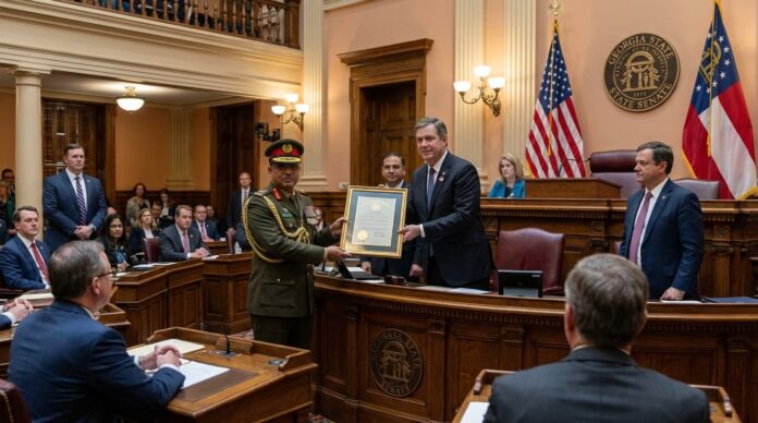 জর্জিয়া স্টেট সিনেটে সেনাপ্রধান জেনারেল ওয়াকার-উজ-জামানকে সম্মাননা প্রদানের একটি প্রতীকী চিত্র।