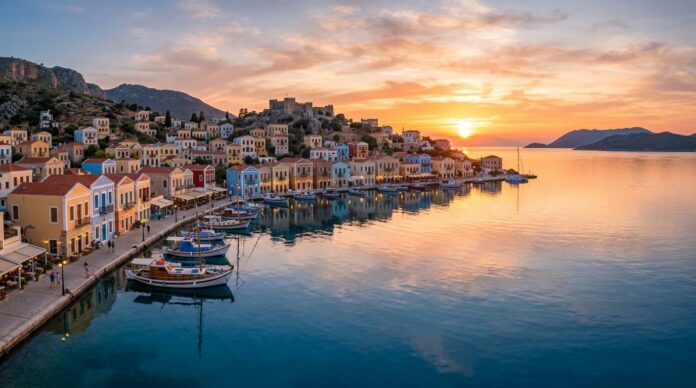 গ্রিসের কাস্তেলোরিজো দ্বীপের শান্ত ও রঙিন বন্দরের দৃশ্য।