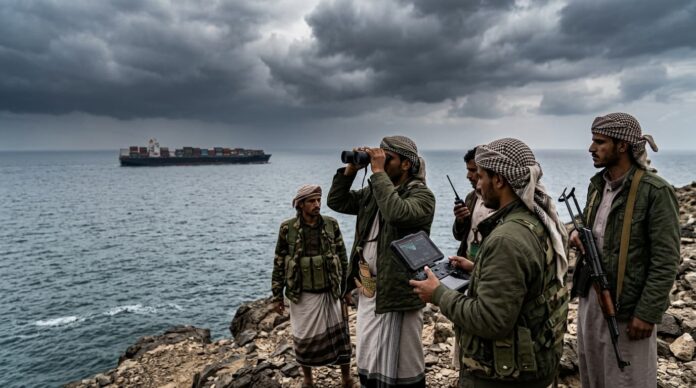লোহিত সাগরের তীরে হুতি বিদ্রোহীদের অবস্থান এবং বাণিজ্যিক জাহাজের নিরাপত্তা ঝুঁকি।