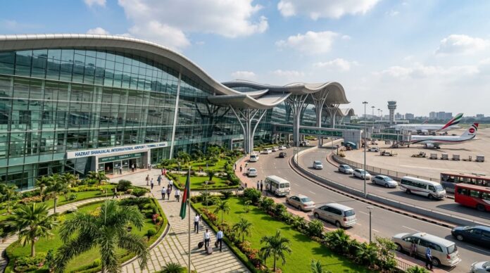 হযরত শাহজালাল আন্তর্জাতিক বিমানবন্দরের অত্যাধুনিক ৩য় টার্মিনালের বাইরের দৃশ্য।