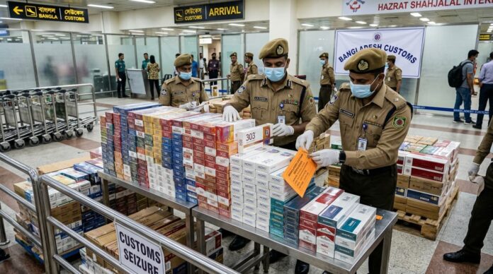 শাহজালাল বিমানবন্দরে জব্দকৃত অবৈধ সিগারেটের স্তূপ পরীক্ষা করছেন শুল্ক কর্মকর্তারা।
