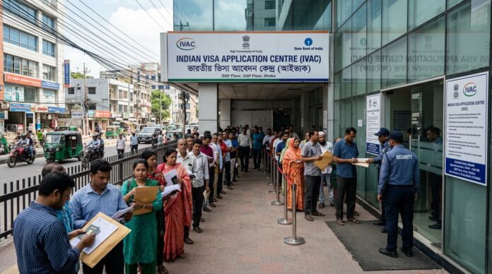 ঢাকা ভারতীয় ভিসা আবেদন কেন্দ্রের দৃশ্য।