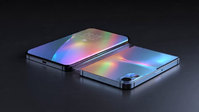 ক্রিজহীন ডিসপ্লেসহ ফোল্ডেবল আইফোন আল্ট্রার একটি প্রোফাইল ভিউ।