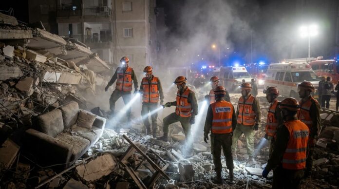 ইসরায়েলের হাইফায় ক্ষেপণাস্ত্র হামলায় ধ্বংস হওয়া ভবনে উদ্ধার অভিযান।