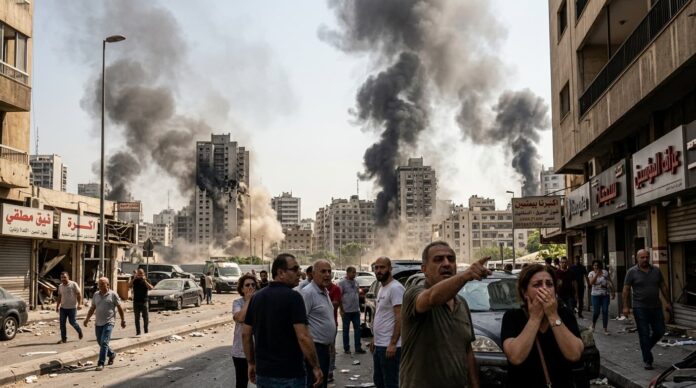 বৈরুতে ইসরায়েলী বিমান হামলার পর ধোঁয়ায় আচ্ছন্ন শহর।