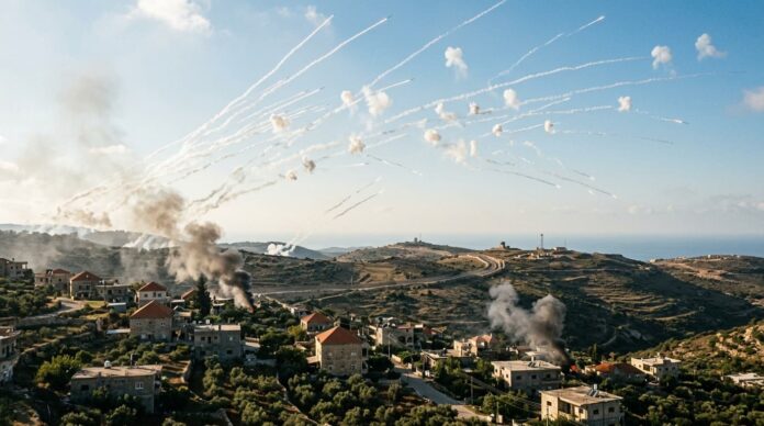 ইসরায়েল-লেবানন সীমান্তে রকেট হামলা ও আকাশ প্রতিরক্ষা ব্যবস্থার ধোঁয়ার কুন্ডলী।