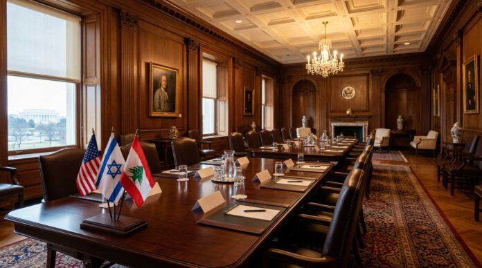 ওয়াশিংটনে ইসরায়েল ও লেবাননের মধ্যে সরাসরি আলোচনার প্রস্তুতিমূলক দৃশ্য।