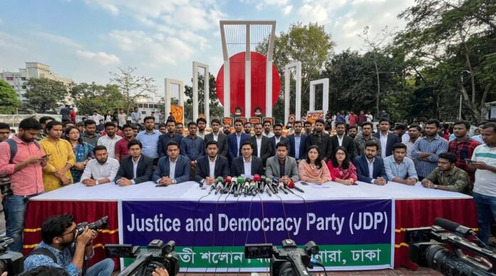শহীদ মিনারে জাস্টিস অ্যান্ড ডেমোক্রেসি পার্টির আত্মপ্রকাশের সংবাদ সম্মেলন।