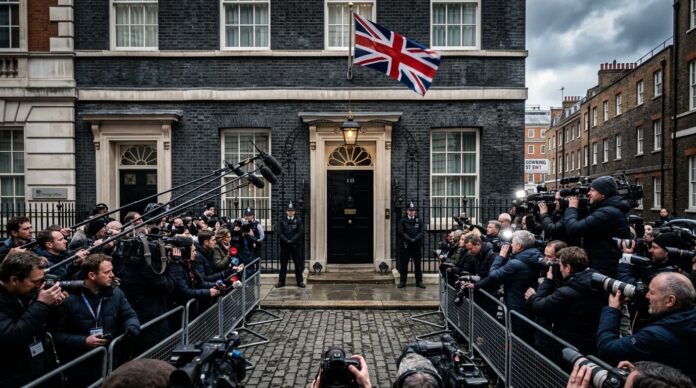 ডাউনিং স্ট্রিটে ব্রিটিশ প্রধানমন্ত্রীর কার্যালয়ের সামনের একটি প্রতীকী দৃশ্য।