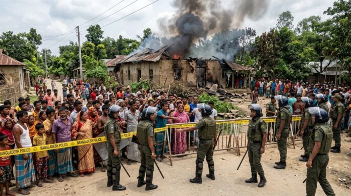 কুষ্টিয়ার দৌলতপুরে ভাঙচুর ও অগ্নিসংযোগ হওয়া মাজারের দৃশ্য এবং পুলিশের টহল।