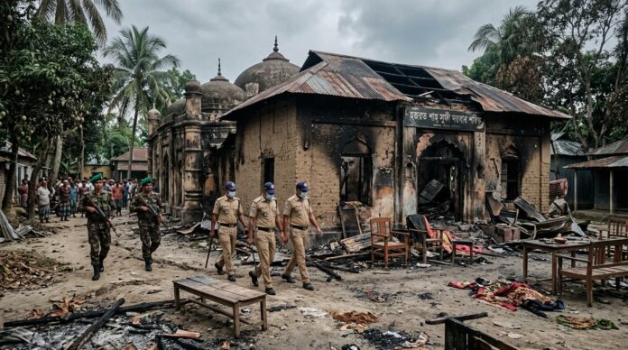 কুষ্টিয়ার দৌলতপুরে হামলার শিকার দরবার শরীফে পুলিশের টহল।