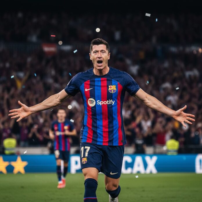 এই প্রতীকী চিত্রে ২০২৬ সালের লা লিগায় বার্সেলোনার হয়ে রবার্ট লেভানদোভস্কির জয়সূচক গোল উদযাপনের মুহূর্ত ফুটিয়ে তোলা হয়েছে, যা কাতালান ক্লাবটির শিরোপা জয়ের পথে এক গুরুত্বপূর্ণ মাইলফলক।