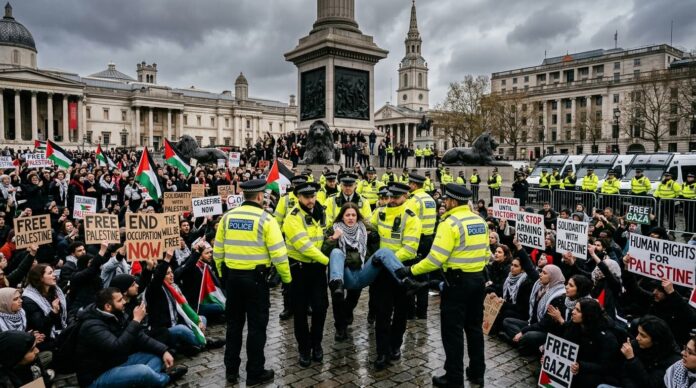 লন্ডনের ট্রাফালগার স্কয়ারে বিক্ষোভকারীদের গ্রেপ্তার করছে পুলিশ।