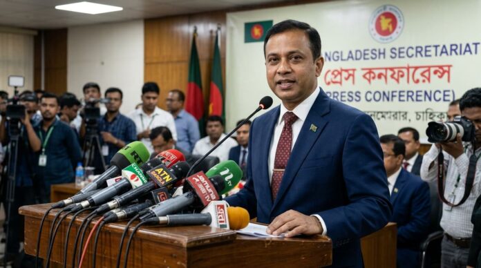 সচিবালয়ে সংবাদ সম্মেলনে গুরুত্বপূর্ণ তথ্য জানাচ্ছেন প্রধানমন্ত্রীর উপদেষ্টা মাহদী আমিন।